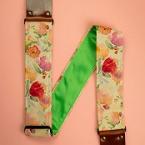 Floral Folk Guitar Strap -Green Italian Satin- w/Vintage Leather Ends【HandMade In Poland】【Flower】【ハンドメイド】【ベース館在庫商品】