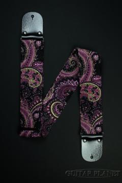 Vintage Purple Paisley Corduroy Guitar Strap w/ Black Leather Ends【Han