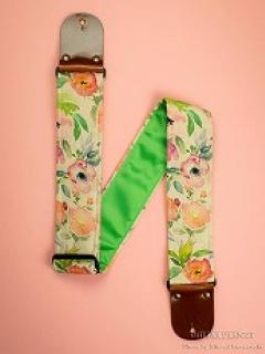 Floral Folk Guitar Strap -Green Italian Satin- w/Vintage Leather Ends【HandMade In Poland】【Flower】【ハン