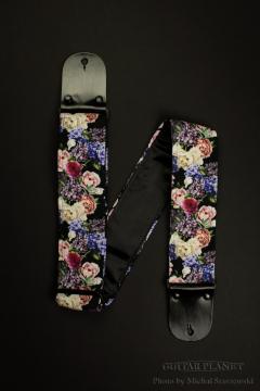 Rose Guitar Strap -Black Italian Satin- w/Black Glossy Leather Ends【HandMade In Poland】【Flower】【ハンドメ