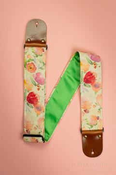 Floral Folk Guitar Strap -Green Italian Satin- w/Vintage Leather Ends【HandMade In Poland】【Flower】【ハン
