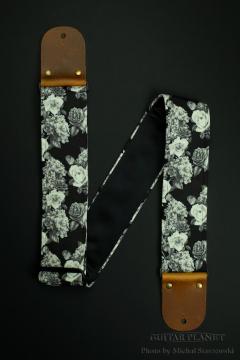 Rose B&W Guitar Strap -Black Italian Satin- w/Vintage Glossy Leather Ends【HandMade In Poland】【Flower