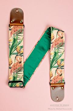 Flamingo Guitar Strap -Green Italian Satin - w/Vintage Leather Ends【HandMade In Poland】【Flower】【ハンドメ