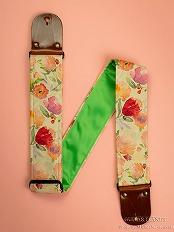 Floral Folk Guitar Strap -Green Italian Satin- w/Vintage Leather Ends【HandMade In Poland】【Flower】【ハン
